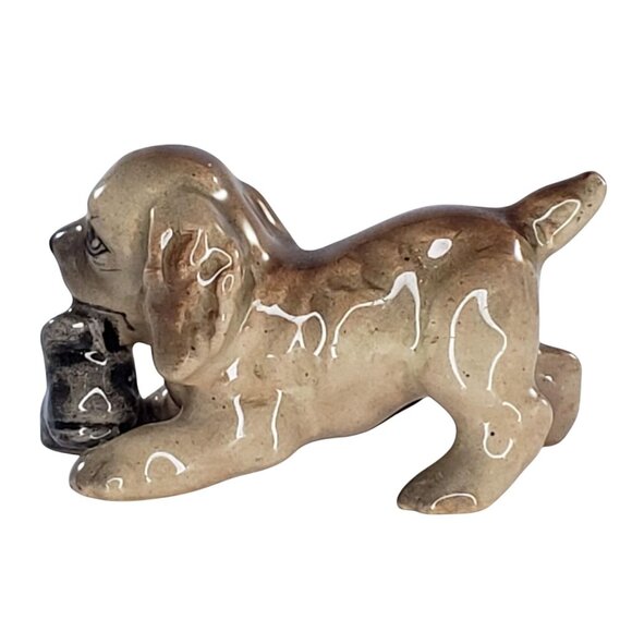 Lefton Cocker Spaniel Puppy Holding Boot Slipper Shoe Miniature Figurine Vintage - Picture 8 of 8